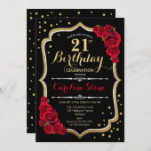 21歳の誕生日 – 金ゴールドブラックレッドローズ 招待状 (正面/裏面)