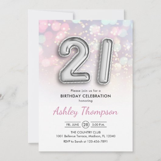 21歳の誕生日 - 銀色の風船 ピンクのライト 招待状 (正面)