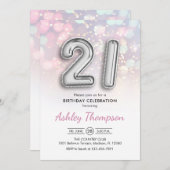 21歳の誕生日 - 銀色の風船 ピンクのライト 招待状 (正面/裏面)