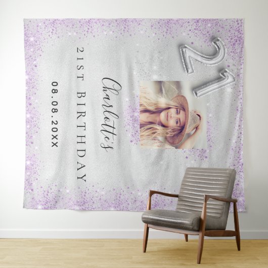 21歳の誕生日 銀色 紫色 グリッター フォト ウェルカム タペストリー (インサイチュ(横))