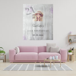 21歳の誕生日 銀色 紫色 写真 グリッター ウェルカム タペストリー