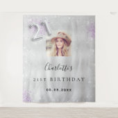 21歳の誕生日 銀色 紫色 写真 グリッター ウェルカム タペストリー (正面)