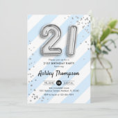 21歳の誕生日 – 青いストライプと銀の風船 招待状 (スタンド正面)