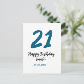 21歳の誕生日 青い文字 シンプル ミニマル ポストカード (スタンド正面)