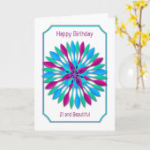 21歳の誕生日、青カラフル、紫、ティール(緑がかった色)モチーフ カード (黄色い花)