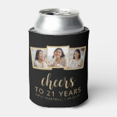 21歳の誕生日 3枚の写真 ブラック ゴールド スクリプト チェアーズ 缶クーラー (缶正面)