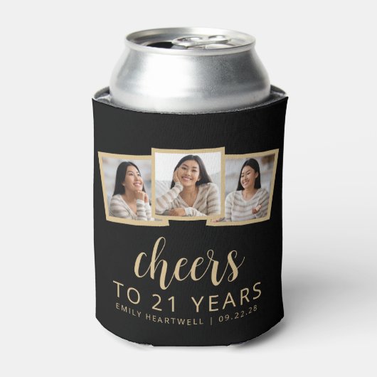 21歳の誕生日 3枚の写真 ブラック ゴールド スクリプト チェアーズ 缶クーラー (缶正面)