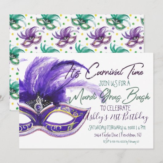 21歳の誕生日 Mardi Gras Bash 招待状 (正面/裏面)