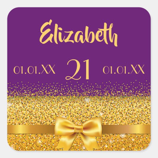 21歳の金ゴールド弓（濃い紫のリボン付き） スクエアシール (正面)