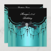 21歳エレガントの誕生日ティール（緑がかった色）ブルーブラックダイヤモンド 招待状 (正面/裏面)
