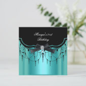 21歳エレガントの誕生日ティール（緑がかった色）ブルーブラックダイヤモンド 招待状 (スタンド正面)