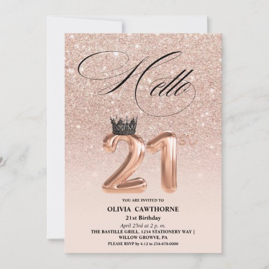 21歳エレガントの誕生日バラ金ゴールド赤面写真 招待状 (正面)