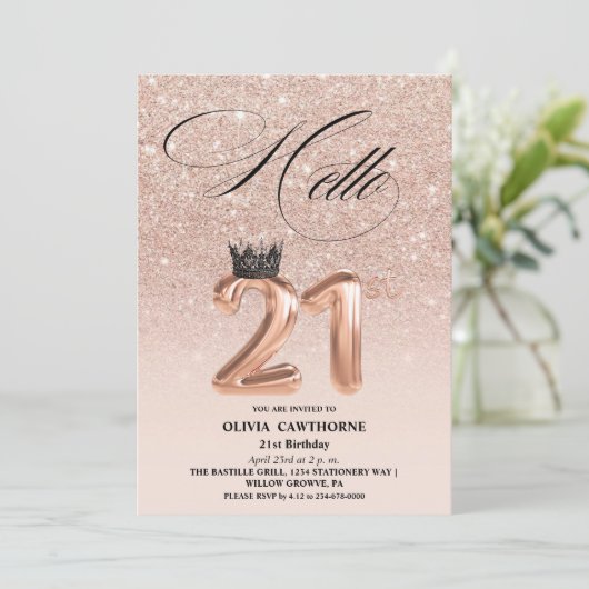 21歳エレガントの誕生日バラ金ゴールド赤面写真 招待状 (スタンド正面)