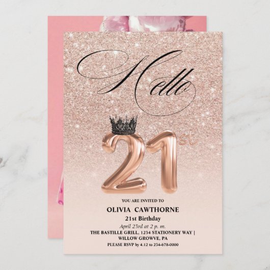 21歳エレガントの誕生日バラ金ゴールド赤面写真 招待状 (正面/裏面)