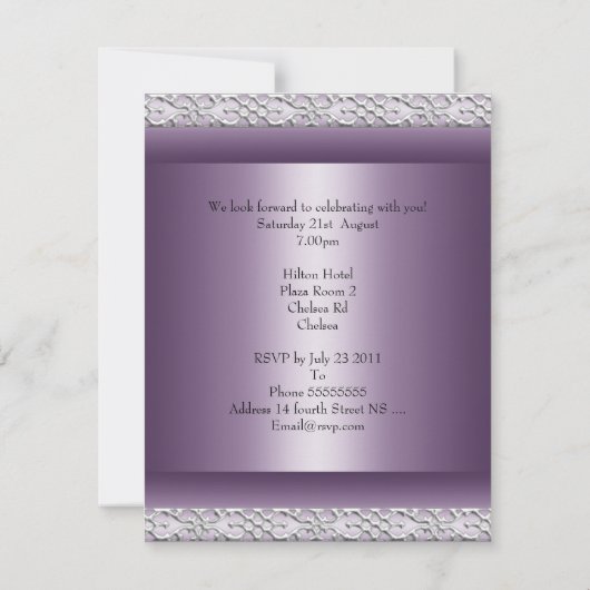 21歳エレガントの誕生日パーティーサテンパープルマウーブ 招待状 (裏面)