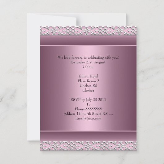 21歳エレガントの誕生日パーティーサテンピンクシルバートリム 招待状 (裏面)