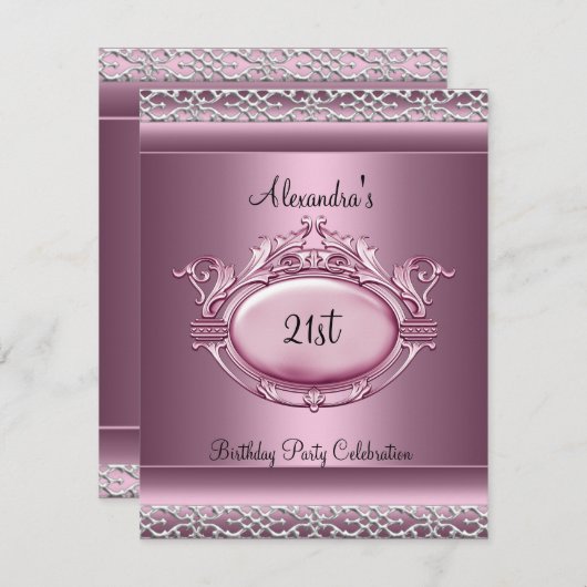 21歳エレガントの誕生日パーティーサテンピンクシルバートリム 招待状 (正面/裏面)