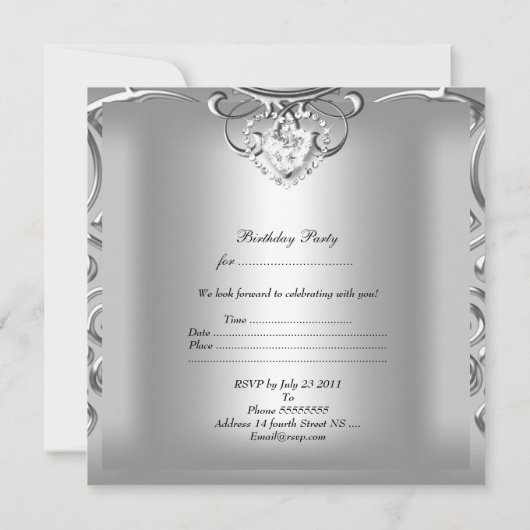 21歳エレガントの誕生日パーティーシルバーダイヤモンド 招待状 (裏面)