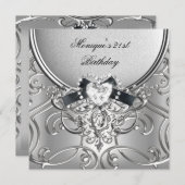 21歳エレガントの誕生日パーティーシルバーブラックダイヤモンド 招待状 (正面/裏面)