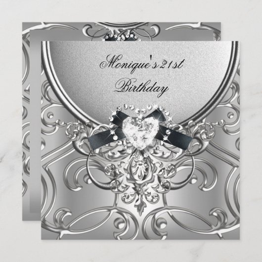 21歳エレガントの誕生日パーティーシルバーブラックダイヤモンド 招待状 (正面/裏面)