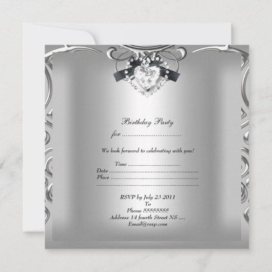 21歳エレガントの誕生日パーティーシルバーブラックダイヤモンド 招待状 (裏面)