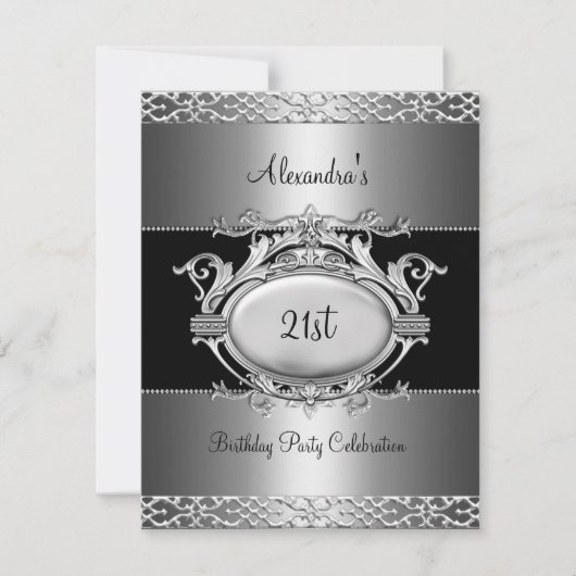 21歳エレガントの誕生日パーティーシルバーブラック 招待状 (正面)