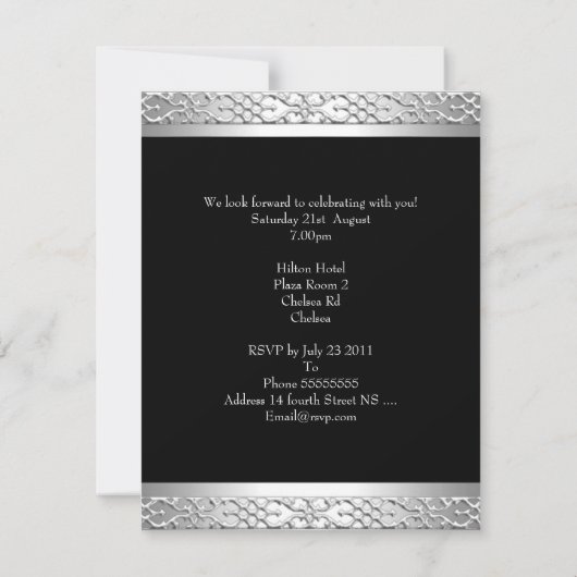 21歳エレガントの誕生日パーティーシルバーブラック 招待状 (裏面)