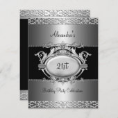 21歳エレガントの誕生日パーティーシルバーブラック 招待状 (正面/裏面)