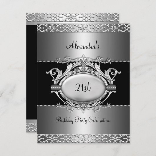 21歳エレガントの誕生日パーティーシルバーブラック 招待状 (正面/裏面)