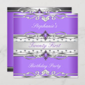 21歳エレガントの誕生日パーティーパープルシルバー21 招待状 (正面/裏面)