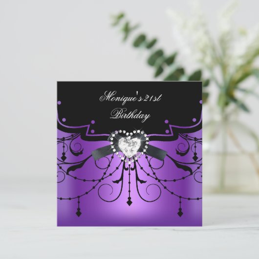 21歳エレガントの誕生日パーティーパープルブラックダイヤモンド 招待状 (スタンド正面)