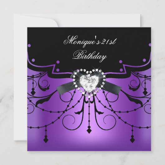 21歳エレガントの誕生日パーティーパープルブラックダイヤモンド 招待状 (正面)