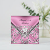 21歳エレガントの誕生日パーティーピンクシルバーダイヤモンド 招待状 (スタンド正面)