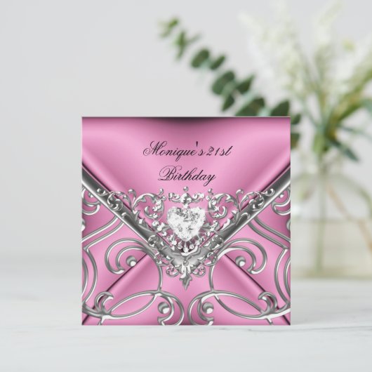 21歳エレガントの誕生日パーティーピンクシルバーダイヤモンド 招待状 (スタンド正面)