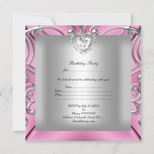 21歳エレガントの誕生日パーティーピンクシルバーダイヤモンド 招待状 (裏面)