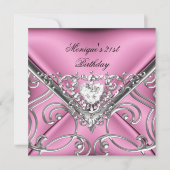 21歳エレガントの誕生日パーティーピンクシルバーダイヤモンド 招待状 (正面)