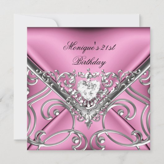 21歳エレガントの誕生日パーティーピンクシルバーダイヤモンド 招待状 (正面)