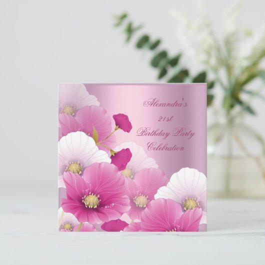 21歳エレガントの誕生日パーティーピンクホワイトポピー 招待状 (スタンド正面)