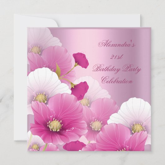 21歳エレガントの誕生日パーティーピンクホワイトポピー 招待状 (正面)