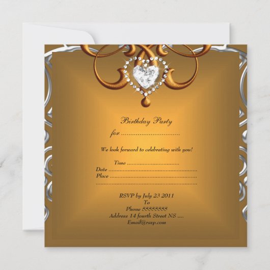 21歳エレガントの誕生日パーティー金ゴールドシルバーダイヤモンド 招待状 (裏面)