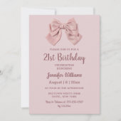 21歳エレガントの誕生日ピンクの弓ミニマル奏者 招待状 (正面)