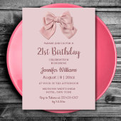 21歳エレガントの誕生日ピンクの弓ミニマル奏者 招待状