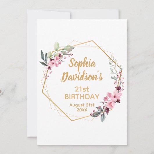 21歳エレガントの誕生日招待状 |桜と金ゴールド 招待状 (正面)