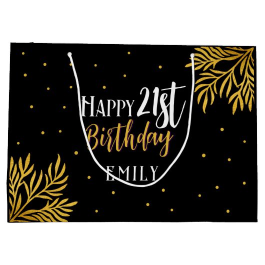 21歳エレガントの誕生日金ゴールドの葉おめでとう ラージペーパーバッグ (裏面)