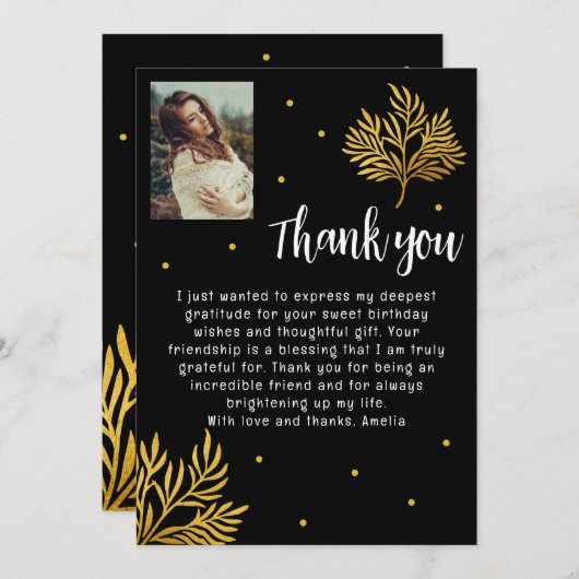 21歳エレガントの誕生日金ゴールドの葉写真 サンキューカード (正面/裏面)