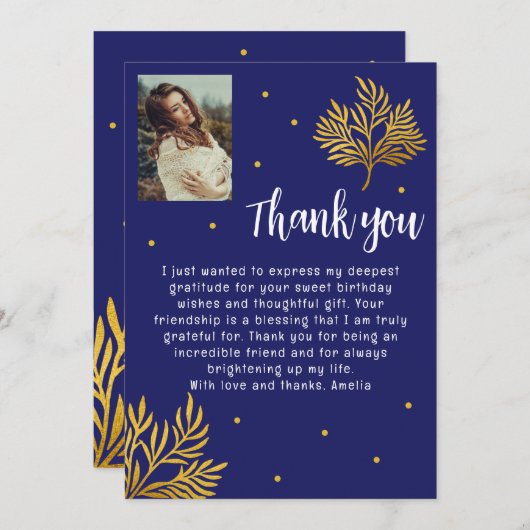 21歳エレガントの誕生日金ゴールドの葉写真 サンキューカード (正面/裏面)