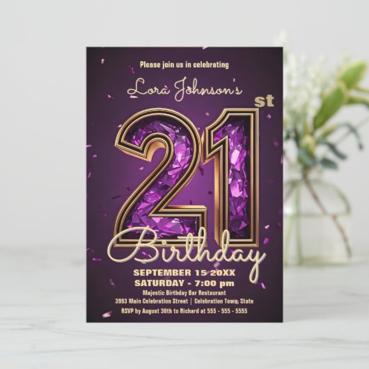 21歳エレガント誕生日パープルジェムストーンお祝い 招待状 (スタンド正面)