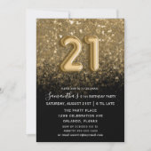 21歳エレガント誕生日ブラック&金ゴールドグリッター 招待状 (正面)