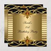 21歳エレガント誕生日金ゴールドブラックアールデコジュエル 招待状 (正面/裏面)