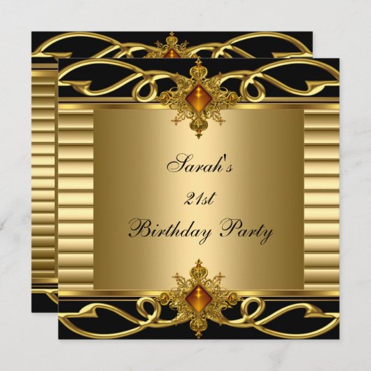 21歳エレガント誕生日金ゴールドブラックアールデコジュエル 招待状 (正面/裏面)